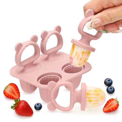 CLDY Lot de 4 moules à glace en silicone pour bébé - 4 bâtonnets - Sans BPA - Convient à un usage alimentaire - Facile à nettoyer - Idéal pour les purées de fruits et le lait maternel (rose)