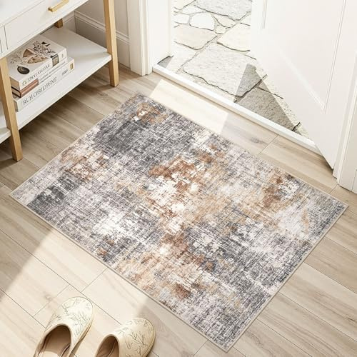 Flächenteppich Wohnzimmerteppiche - 60 x 90 cm Abstrakter großer weicher waschbarer Innenteppich Neutraler moderner Kurzflorteppich für Schlafzimmer Esszimmer Bauernhaus Home Office - Graubraun