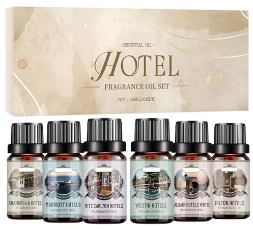 Hotell set med eteriska oljor, 6 x 10 ml eteriska oljor för diffusor, doftolja presentset, tvåldoftolja, doftolja Essential Oils för luftfuktare, frisk luft, rumsdoft, ljustillverkning