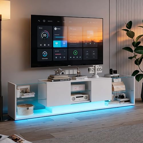 BRILVERDE Moderno mueble de TV con LED, mesa de televisión con 2 taquillas, armario bajo de alto brillo, mesa auxiliar para salón con estante de cristal, armario de almacenamiento en imitación de