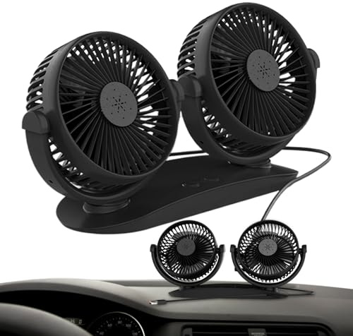 Mihauuke Ventilateur De Voiture Portable, Ventilateur USB Double Pour Automobile, Rotatif 360° Puissant Accessoire Pour Tableau De Bord Rafraîchissement Pour Voyage Bureau Maison École