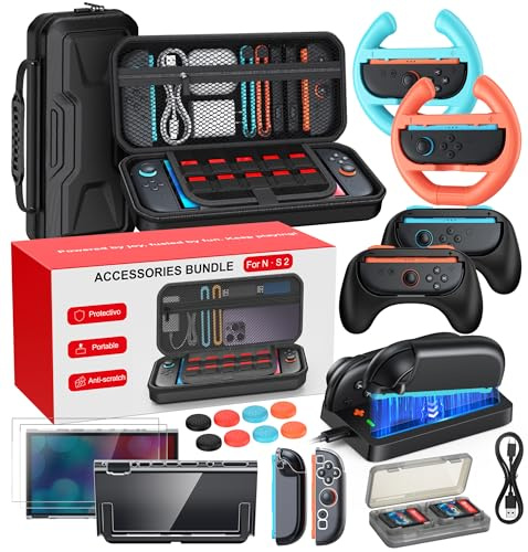 20 in 1 Switch 2 Accessories Bundle with Hard Carrying Case, Switch 2 Controller Charger, Screen Protector, Grips for Joy Con, Steering Wheels for Mario Kart, Clear Protective Cover Case(Gift Pack)