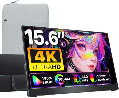 cocopar Portable Monitor 15.6 Inch 4K UHD 60Hz 145% sRGB Travel Monitor with Speaker HDMI USB-C Second Screen for Laptop MacBook Surface PC Xbox PS4/5, VESA Mountable, with Kickstand