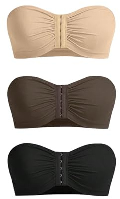 GORGLITTER Women's Front Fastening Bandeau Bras Strapless Wireless Non-Slip Bralettes Tube Top Bra (Pack of 3)