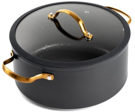 5 Quart Non-Stick Stock Pot with Glass Lid, Stainless Steel Induction Base, Oven Safe to 500°F for All Cooktops, Heavy Gauge Pot for Soups, Chili and Stews
