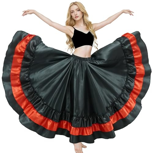 MUNAFIE Damen Bauchtanz Rock Mehrschichtige Röcke mit Rüschen aus Satin für spanischen Flamenco Stiertanz Show