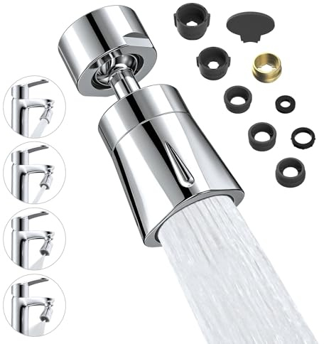 Hibbent 4 Spray Modes Kitchen Tap Sprayer Head, Chrome | 360° Rotation and 70° Adjustable Tap Aerator, Solid Brass Rotating Ball, ABS Shell, 22 Female Thread with 6 Adapter
