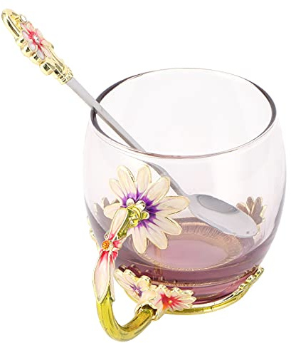 Aramox Tazza da tè in Vetro con Cucchiaio, Tazza con Fiori Smaltati Fatti a Mano per caffè, Succo di Latte, Elegante Set di Bicchieri per Casa, Ufficio, Natale, San, Compleanno (Crisantemo verde