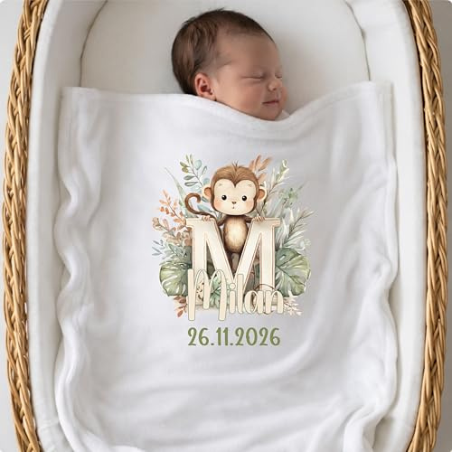 wolga-kreativ Personalisierte Babydecke mit Buchstabe Name und Geburtsdatum Deluxe Pluesch Kuscheldecke mit Tiermotiven Bedruckt sehr weich hochwertige Kinderdecke Geschenk Geburt Taufe