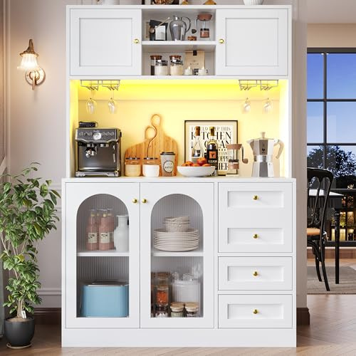 FammyLoft Tall Kitchen Cabinet with 4 Doors & 4 Drawers, Storage Cabinet with LED Light Strip & Drink Holders, Sideboard, Buffet Cabinets with Fluted Glass Doors for Dining Room & Living Room, White