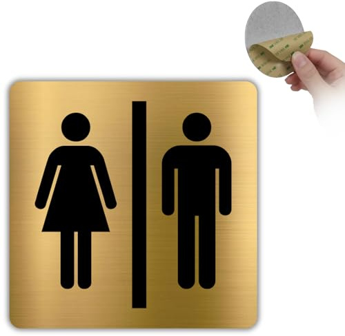 LEIASA | Señal Baño Unisex - 10x10 cm - Aluminio - Aseo Compartido Dorado | Cartel Baño Mixto, Placa WC Neutro, Letrero Servicios Higiénicos, Adhesivo Puerta Sanitario, Pegatina Baño Inclusivo