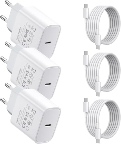 【Confezione da 3 pezzi】 adattatore USB C da 25 W, caricatore rapido PD3.0 maschio tipo C, universale, alimentatore di rete USB C, con cavo da 2 m, compatibile con iPhone17/16/15/14/13, GalaxyS25/S24