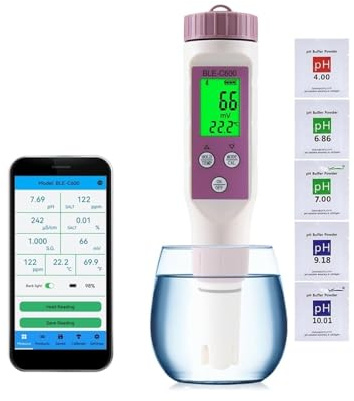 MNMIOIO Testeur de PH du Sol, Testeur de pH Bluetooth 7 en 1/5 en 1, Intelligent, pH, EC, TDS, ORP, sel, SG, température, qualité de l'eau, Aquariums, hydroponie, salinité(7 in 1 PH Meter)