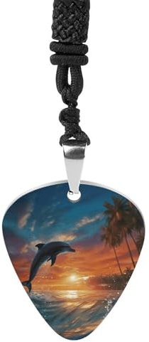 BTCOWZRV Delfiner och palmer gitarrplektrum halsband titan stål gitarr plektrumhållare hänge halsband R&B musik smycken trendigt rockmusik halsband gitarr ukulele plektrum halsband för musikälskare