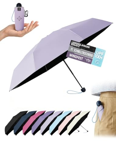LILAC Mini Reise Regenschirm UPF 100+, Kühl UV Schutz, Kompakter Leichter Faltregenschirm mit Neopren Tasche, Für Handtasche & Rucksack, Damen Herren