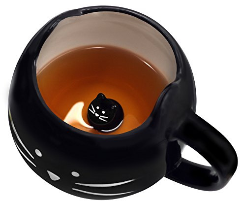 Koolkatkoo Einzigartige Katze Kaffeetasse mit Deckel für Katzenliebhaber süße Keramik Teetassen mit Halter für Handy Porzellan Tasse Geschenk für Frauen weiß 12 ounce Black kitty mug