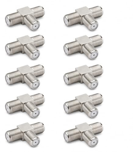 10x SAT F-Verbinder | T-Stück | TV Adapter Koax Verbinder Verteiler Splitter Kupplung | 3X F-Buchse | F-Adapter für Antennenkabel Satellitenkabel Koaxialkabel | 10 Stück