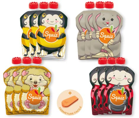 Set mit 12 wiederverwendbaren Quetschbeuteln à 130 ml | Nature-Kollektion | Für Babys, Kinder und Erwachsene | Für Kompott, Püree und Smoothies | Hergestellt in der Schweiz und Frankreich | Squiz