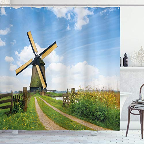 ABAKUHAUS Windmühle Duschvorhang, Holland im Frühjahr, Stoffliches Gewebe Badezimmerdekorationsset mit Haken, 175 x 240 cm, Blassblau Aprikose