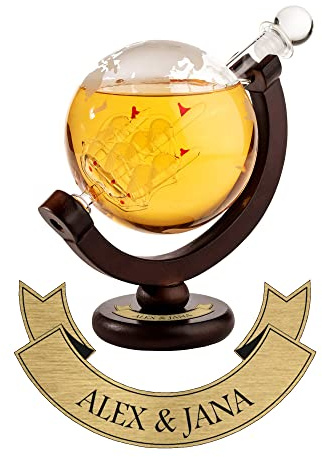 AMAVEL Carafe à Whisky, Globe Terrestre avec Mappemonde et Voilier en Bouteille, Support en Bois Personnalisé Nom, 650 ML