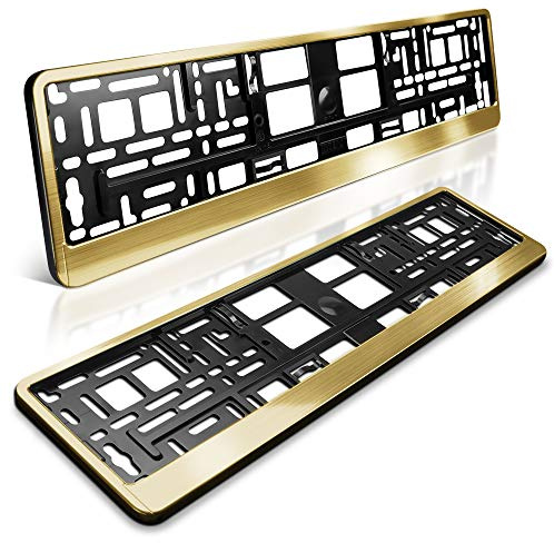 2 Kennzeichenhalter | Gold matt gebürstet | Metallic Nummernschildhalter | Chrom Look | Kennzeichen-Halterung | Nummernschild-Halterung | Auto-Schilder Befestigung | Auto-Kennzeichen Rahmen