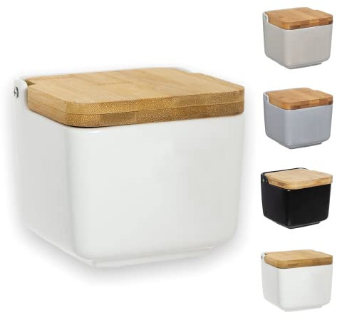 TIENDA EURASIA® Salero de Cocina de Porcelana con Tapa, Saleros de Cocina Originales y Modernos (Salero Blanco 12 x 12 x 11 cm)