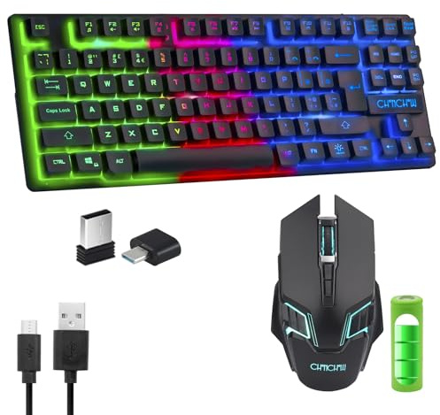 Combo de teclado inalámbrico TKL para juegos recargable LED retroiluminado Tenkeyless compacto 87 teclas 6 botones para computadora portátil PS4 PS5 Switch compatible con Windows XP/7/8/10 iMac