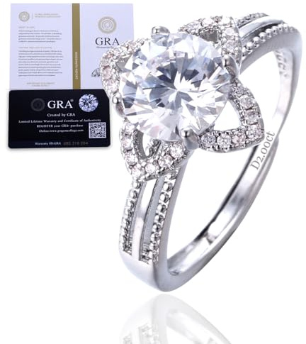 HALUKAKAH Bague Moissanite Femme D Couleur 2.0 ct Trèfle à Quatre Feuilles,Diamant de 2 Carats Cultivé en Laboratoire avec Certificat,Argent Sterling Plaqué Platine,Ajustable,pour Épouse,Petite Amie