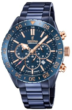 Festina Herren Uhr Analog aus Edelstahl Keramik Blau - Quarzwerk - Chronograph - Kalender - Saphirglas mit hoher Widerstandsfähigkeit - Wasserdicht bis 10 ATM F20576/1 Ceramic