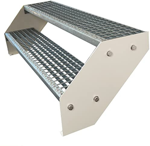 Kaminbau Mierzwa Premium Stahl Treppe Verzinkt & Weiß Pulverbeschichtet 2 Stufen (Breite 80 cm) (Höhe 38 cm) Wetterfest Gitterroststufe Gartentreppe