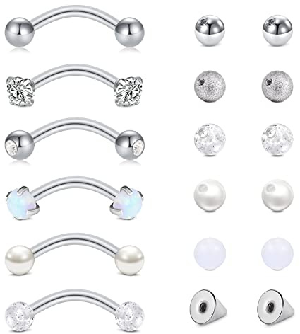 LAURITAMI 12 Paires Piercing Sourcil Barres Remplacement Balle Acier Chirurgical 16G 10mm Courbe Barbell Levre Tragus Helix Daith Rook Piercing