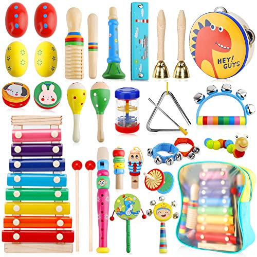 ENCOUN 33 Stück Musikinstrumente für Kinder, Musical Instruments Set, Holz Percussion Set, Xylophone, Montessori Spielzeug ab 1 2 3 Jahre