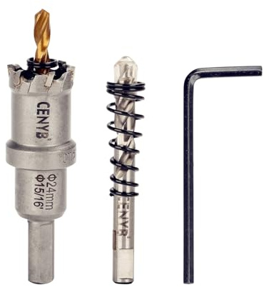 CENYB 15/16 (24mm) Tungstencarbidtäckt hålsåg med 2 st titanbelagda pilotbormaskar för hårda metaller, rostfritt stål, järn, aluminium legering, trä och plast.