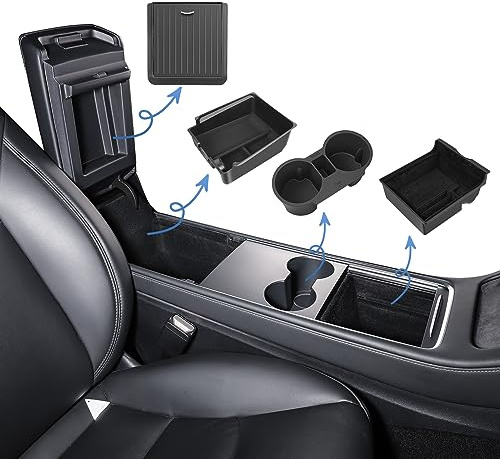 ShowEv für Tesla Model 3 Y Mittelkonsole Organizer Armlehne Aufbewahrungsbox Armlehne Versteckte Aufbewahrungsbox Mittelkonsolen Getränkehalter für Model 3 Y Zubehör (Schwarz,4 PCS)