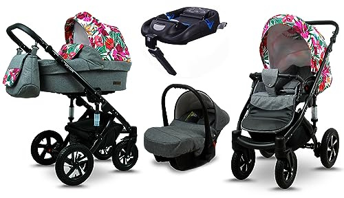 BabyLux® Kinderwagen Set 4 in 1 - Sky Lark - incl. Babywanne, Buggy Sportsitz, Auto-Babyschale, ISOFIX-Basisstation - Autositz - Kinderwagenset - Kombikinderwagen mit Wickeltasche usw.