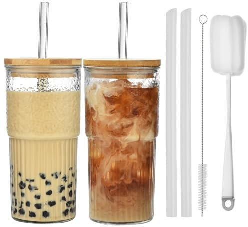 VITEVER 2 Stück Bubble Tea Becher 600ml Transparente Gestreifte Glas mit Deckel, Eiskaffee Gläser, Geriffelte Gläser, Longdrinkglas Set, Glasbecher Trinkglas, Smoothie-Becher