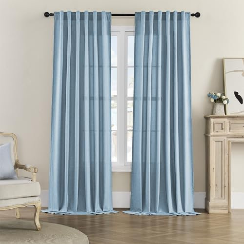 Natural Linen Room Divider Curtains for Bedroom, Rod Pocket & Back Tab Flax Linen Burlap Semi Sheer Window Drapes Privacy with Light Filtering for Patio Door, W70 x L84, Dusty Blue, 2 Pieces