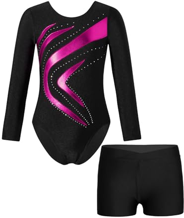 Aislor Barn Gymnastikdräkt för Flickor, Glittrig Träningsdräkt med Långa Ärmmar, Dansbody med Gymnastikshorts, Strass Träningsbody, Balett, Balettkläder, Trikotbody, Mörkrosa, 146-152