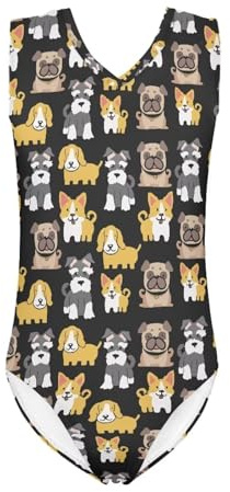 STUOARTE Corgi Dog Print Girls Athletic Gymnastic Leotard, Ballet Dance V-Neck Swimsuit Ballet Dance Wear Outfit, One Piece Beach Swim Swimwear 3-14 Years