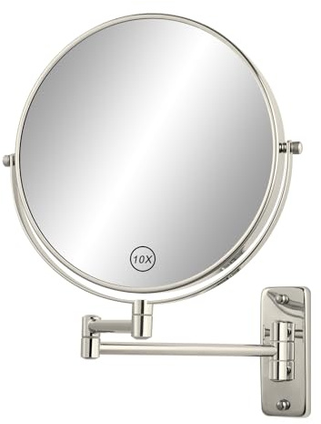 FFowcye 8 Wall Mount Magnifying Mirror, 1X/10X Double-Sided Makeup Mirror Wall Mounted with Extendable Folding Arm, 360° Rotation, Brushed Nickel, Perfect for Shaving & Makeup in Bathroom (No Light)