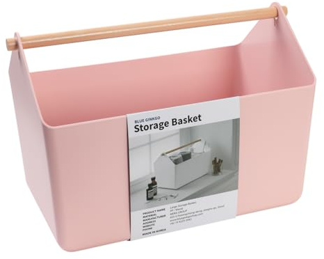BLUE GINKGO Große Aufbewahrungskiste – Kunststoff-Caddy mit Holzgriff für Bad, Vorratsraum oder Reinigungszubehör (Rosa)