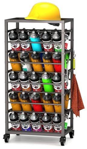 Gtouse 50 Can Spray Paint Rack Organizer, Metal Spray Paint Can Storage Holder, Rolling Aerosol Can Cart with Storage Shelf, for Garage, Craft Workrooms