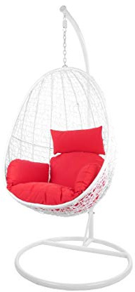 Kideo Swing Chair, Lounge-Möbel, Loungesessel Polyrattan, Hängestuhl, Hängesessel mit Gestell & Kissen (weiß/rot)