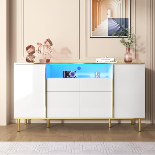 Soweiz Sideboard, Hochglänzende weiße Kommode mit 2 Schubladen, Kommode, Schlafzimmerkommode, Hochglänzendes Weißes Sideboard – B150/T40/H80cm (Weiß und Gold)