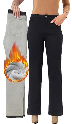 Fakanhui Fleecefodrade damjeans, svart, vinter termisk flanellfodrad, lösa avslappnade varma jeans, Klädd svart, XL