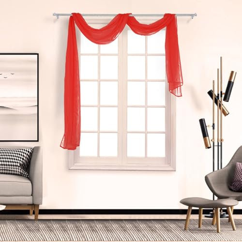Whakano 2 Stück Querbehang Freihanddeko,Transparentem Gardinen Schals Voile,in 21 Farben erhältlich,Gardinen Tüll,Dekoschals,Vorhangschal für Fotografie Party Hochzeit Taufe,90cmx400cm,Rot