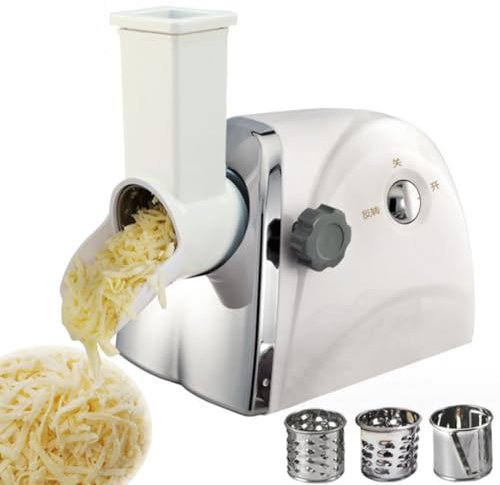 Ralladora de queso rotativa eléctrica, rallador de tambor rotativo ideal, trituradora de queso automática con 3 cuchillas de tambor de acero inoxidable, para rallador de patatas, cortador de verdura