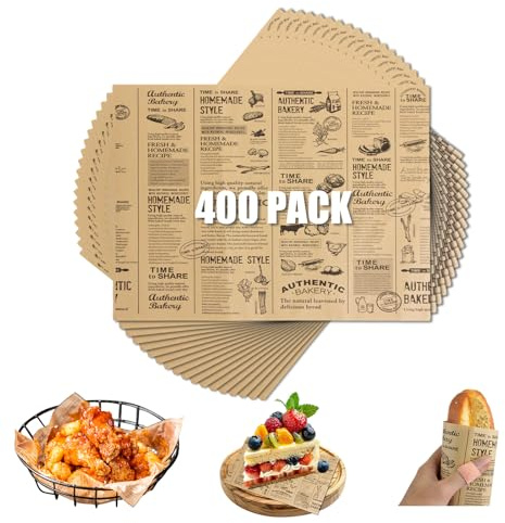 LOPYXBR Lot de 400 feuilles de papier sulfurisé, 38 x 28 cm, feuilles de papier d'emballage alimentaire, motif poisson et frites, vieux journal pour emballage sandwich aux frites de poisson (marron)