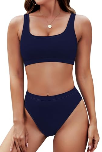 Rosa Queen damer crop top bikini set 2 delar hög midja cut push up vadderad, Mörkblå, XL