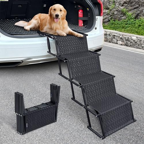 Beberoad Hundetreppe für Auto Klappbar, Tiertreppe, Haustiertreppe, 4 Stufen Hundeleiter bis 70kg, Rampe Hunde Treppe für die Für kleine, mittlere, große Hunde, Schwarz